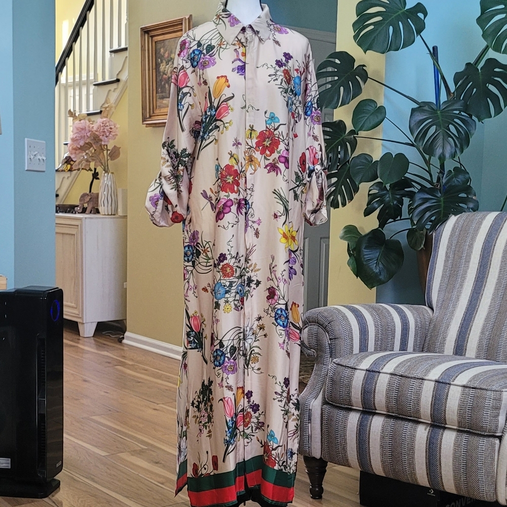 Cecile Wang France Long Shirt Dress Floral Viscose & Silk Size U(One size)